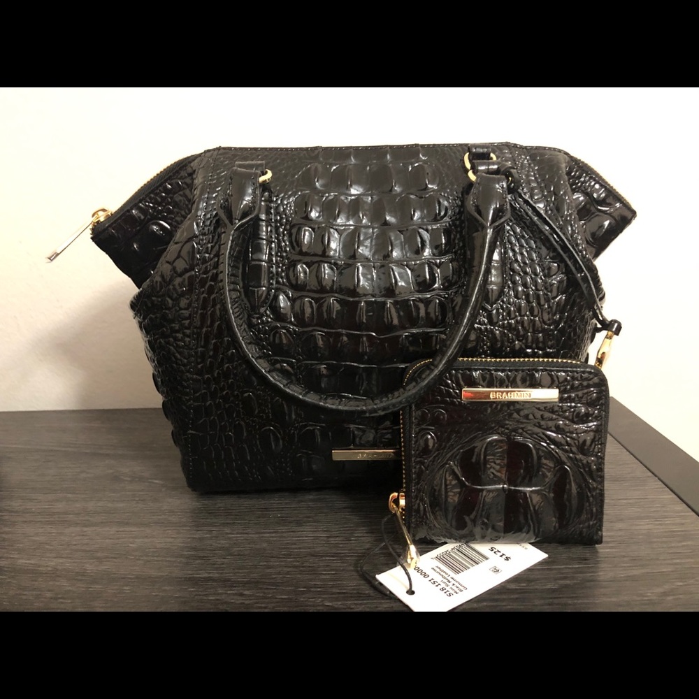 Brahmin Mini Camila Black Melbourne Ebony Croc-Embossed Bag Includes dust bag